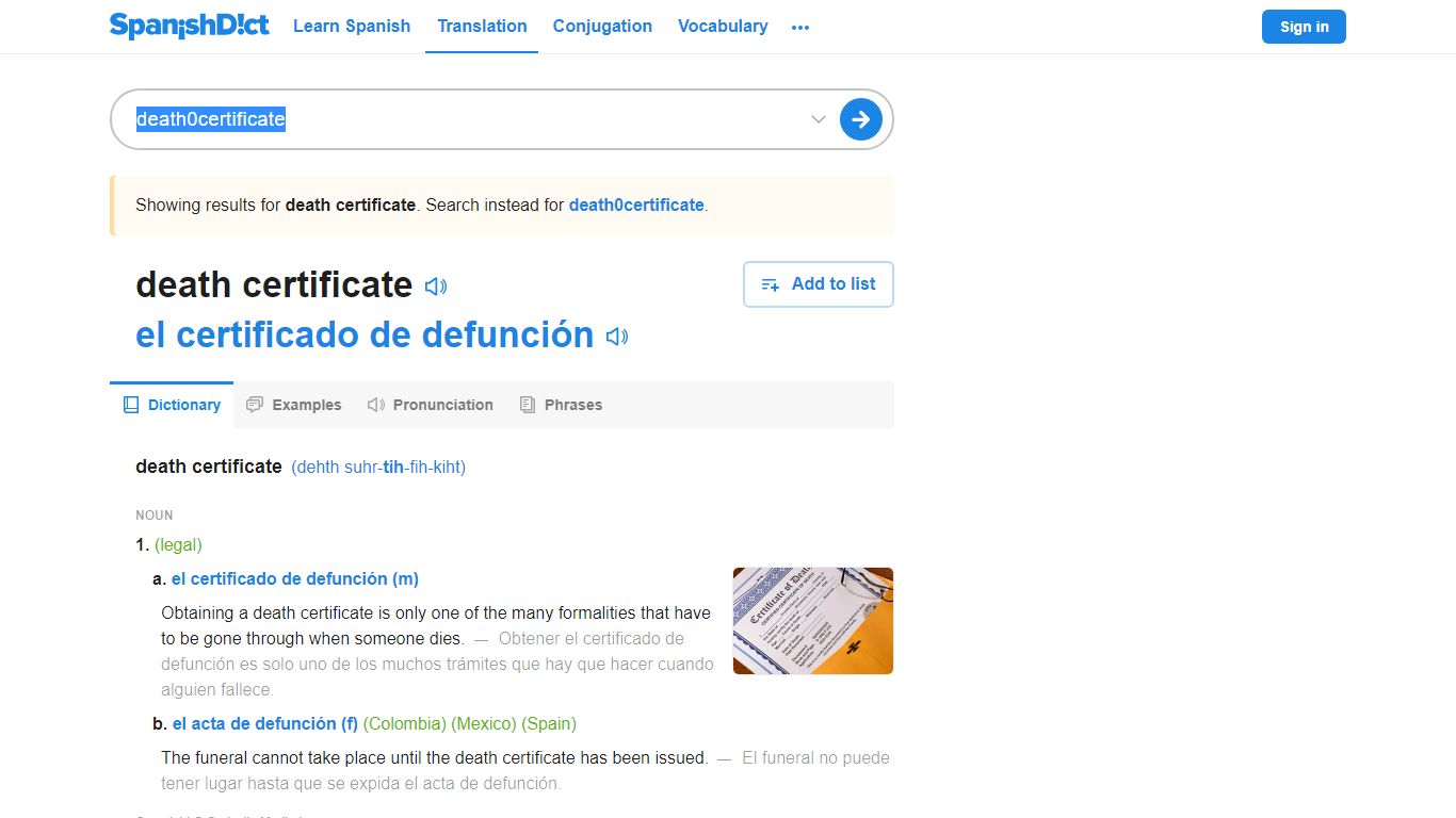 Death certificate in Spanish | English to Spanish Translation - SpanishDict