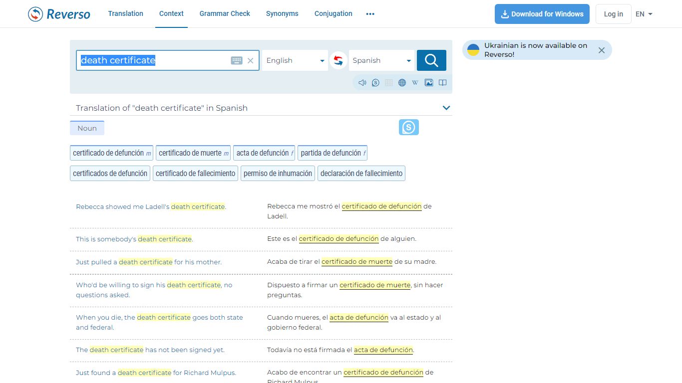 death certificate - Translation into Spanish - examples English ...