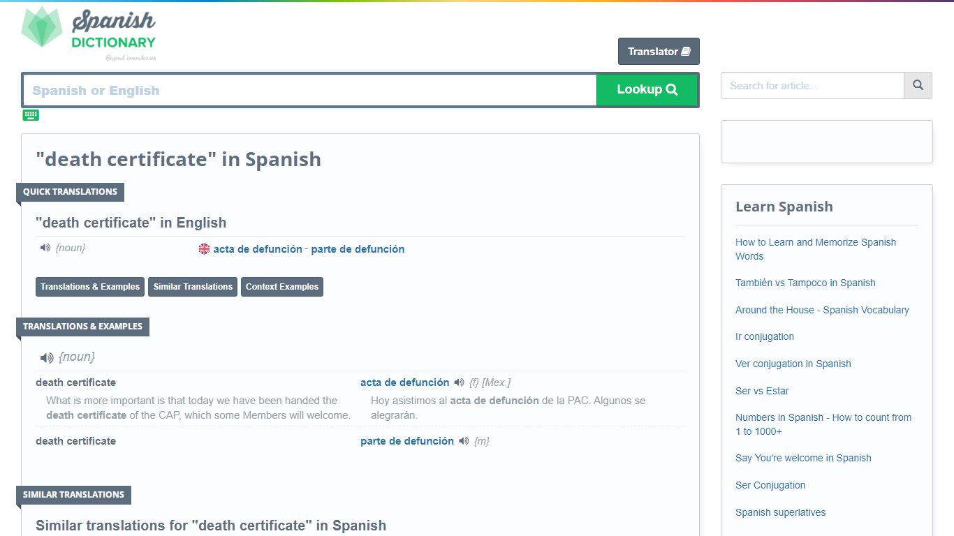 "death certificate" in Spanish | Spanish-English Dictionary